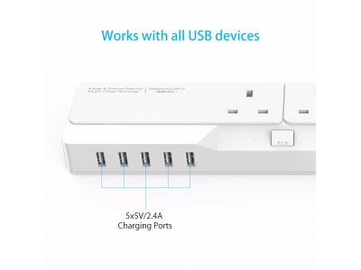Ennotek 1.8 m 4-Way Individually Switched Surge Protected Extension Lead with 5 x 2.4A USB Charger Ports