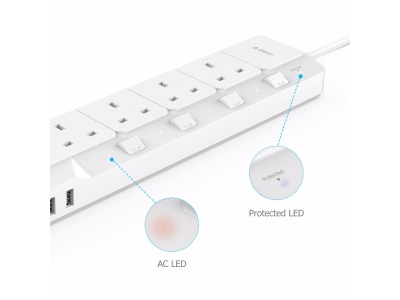 Ennotek 1.8 m 4-Way Individually Switched Surge Protected Extension Lead with 5 x 2.4A USB Charger Ports