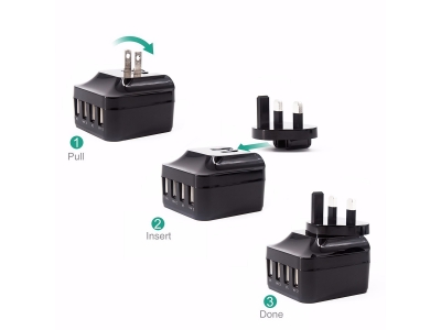 USB Charger - Ennotek® 34W 4-Port USB Wall Charger with Interchangeable UK / EU / US / AUS Plugs for Mobile Phones and Tablets including iPhone, iPad, Samsung Galaxy, and more - Black