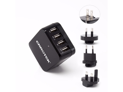 USB Charger - Ennotek® 34W 4-Port USB Wall Charger with Interchangeable UK / EU / US / AUS Plugs for Mobile Phones and Tablets including iPhone, iPad, Samsung Galaxy, and more - Black