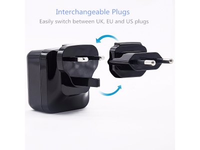 USB Charger - Ennotek® 34W 4-Port USB Wall Charger with Interchangeable UK / EU / US / AUS Plugs for Mobile Phones and Tablets including iPhone, iPad, Samsung Galaxy, and more - Black