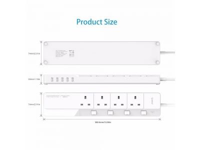 Ennotek 1.8 m 4-Way Individually Switched Surge Protected Extension Lead with 5 x 2.4A USB Charger Ports