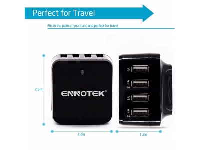 USB Charger - Ennotek® 34W 4-Port USB Wall Charger with Interchangeable UK / EU / US / AUS Plugs for Mobile Phones and Tablets including iPhone, iPad, Samsung Galaxy, and more - Black
